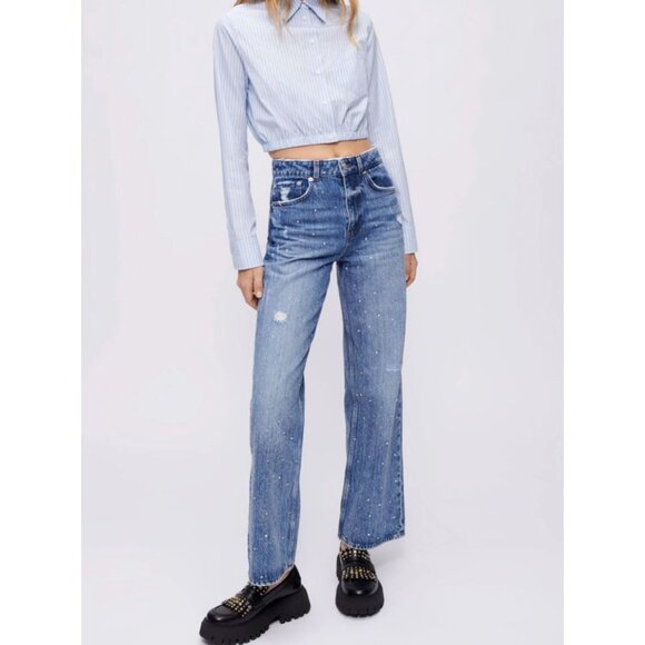 Maje Denim - Maje High Waisted Jeans with Rhinestones Straight Leg Medium Wash Size 34 US XS